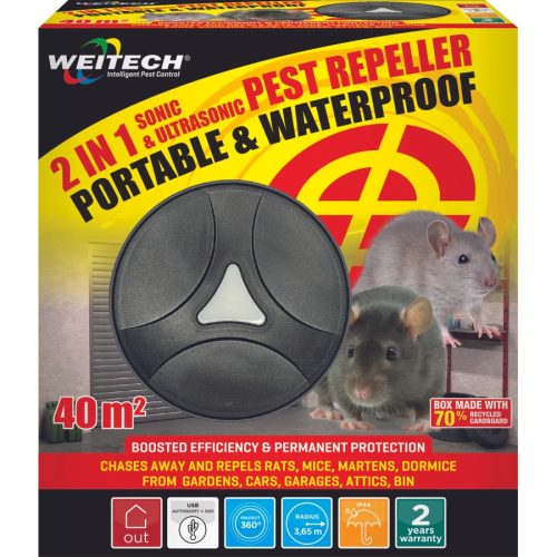 Weitech Ultrahangos kisállatriasztó 40 m2, Usb töltés, cseppálló, egér, patkány, kutya, macska, nyest, róka 